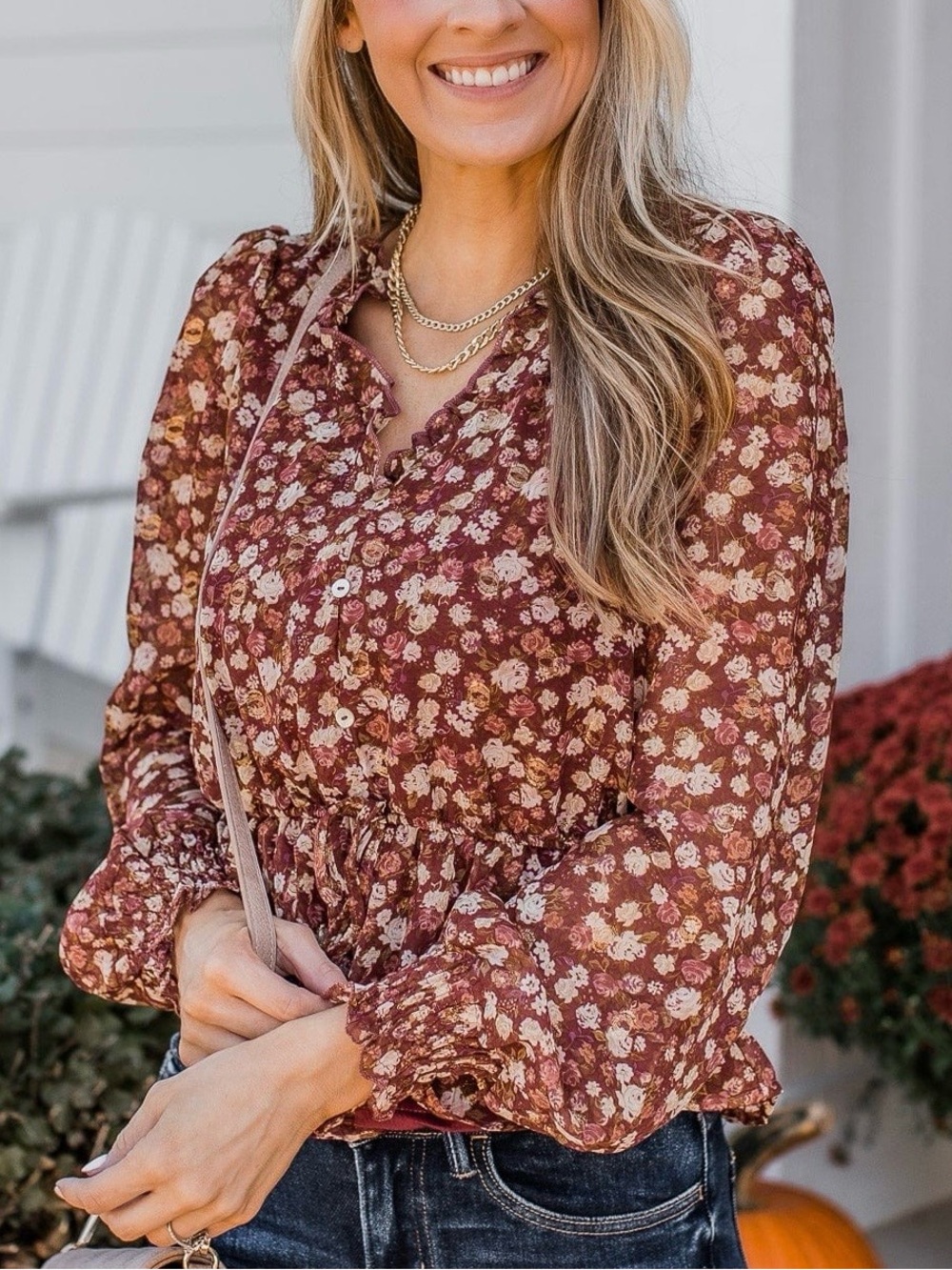 Blu Pepper Rust Floral Peplum Tie-Waist Blouse